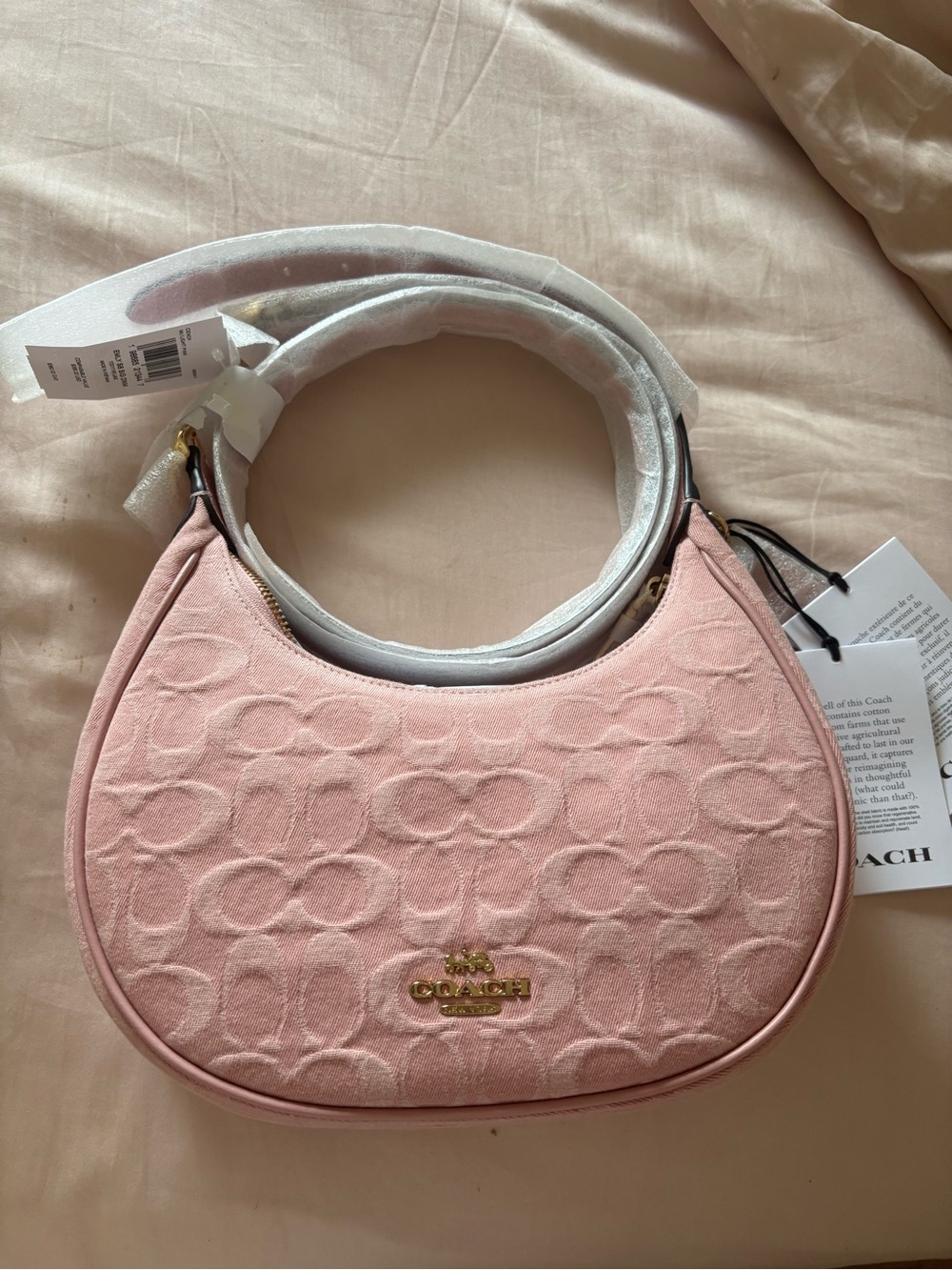 Authentic Limited Denim Pink Coach Embossed Signature Crescent Shoulder Bag